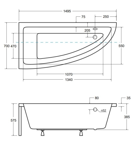 Besco PRAKTIKA 150x70 cm balos aszimmetrikus kád, fehér WAP-150-NL