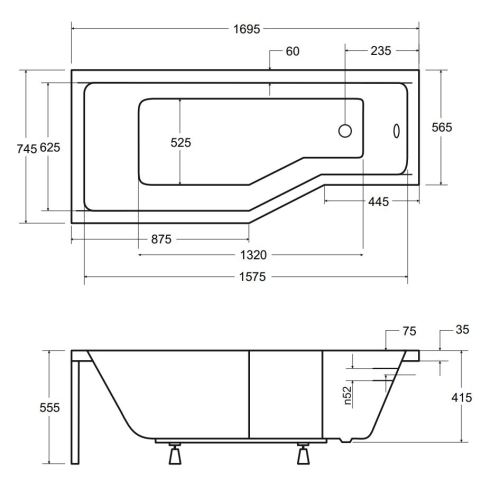 Besco INTEGRA 170x75 cm balos aszimmetrikus kád, fehér WAI-170-PL