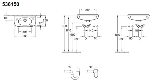 Villeroy & Boch O.novo 50x25 fali kézmosó, csaplyuk nélkül 5361 50 01 (53615001)