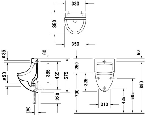 Duravit Starck 3 hátsó vízbekötésű piszoár WonderGliss felülettel, légy matricával 08213500071