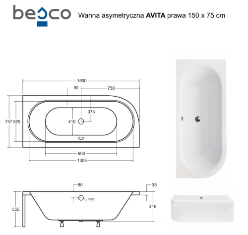 Besco AVITA 150x75 cm jobbos aszimmetrikus kád, fehér WAV-150-NP