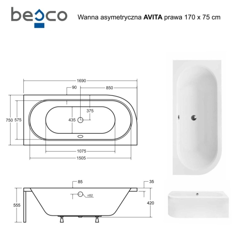 Besco AVITA 170x75 cm jobbos aszimmetrikus kád, fehér WAV-170-NP