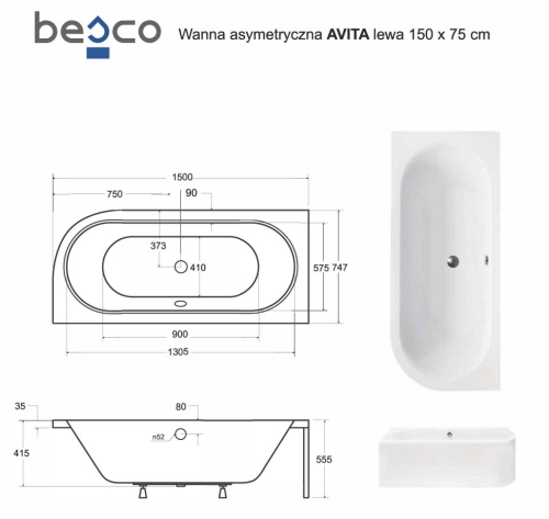 Besco AVITA 150x75 cm balos aszimmetrikus kád, fehér WAV-150-NL