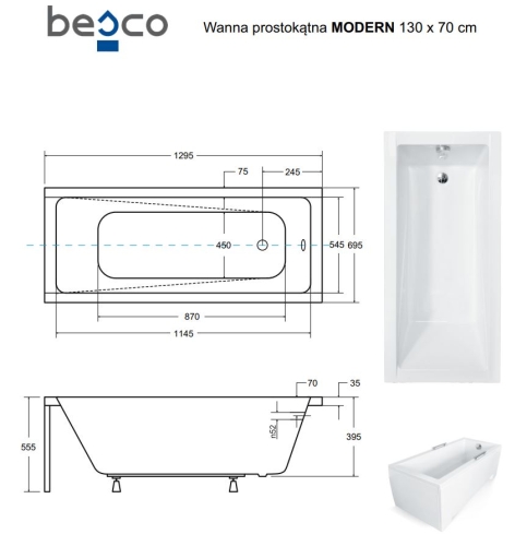 Besco MODERN 130x70 cm egyenes kád, fehér WAM-130-MO