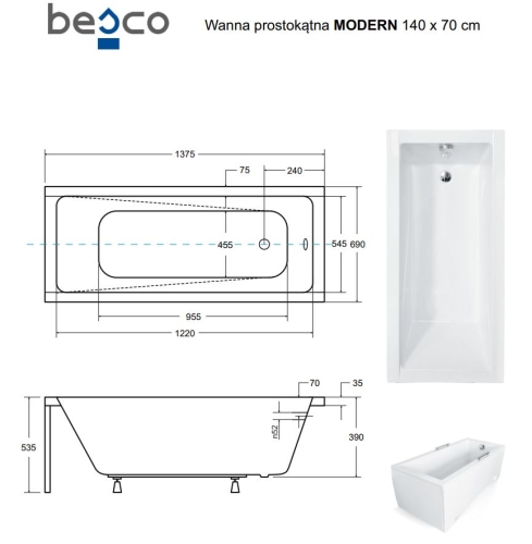 Besco MODERN 140x70 cm egyenes kád, fehér WAM-140-MO