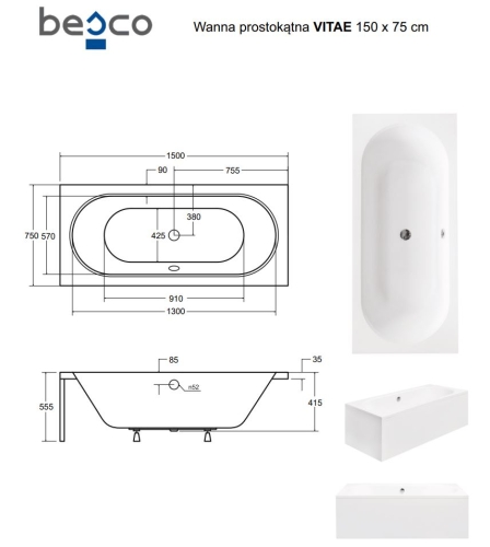 Besco VITAE 150x75 cm egyenes kád, fehér WAV-150-PK