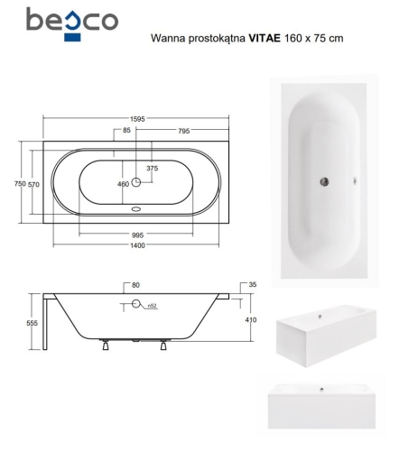 Besco VITAE 160x75 cm egyenes kád, fehér WAV-160-PK