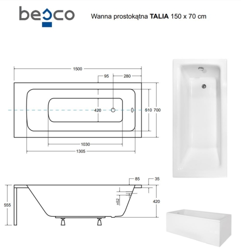 Besco TALIA 150x70 cm egyenes kád, fehér WAT-150-PK