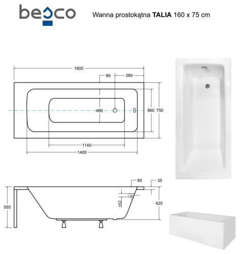 Besco TALIA 160x75 cm egyenes kád, fehér WAT-160-PK