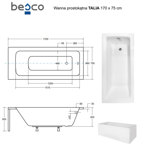 Besco TALIA 170x75 cm egyenes kád, fehér WAT-170-PK