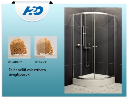 H2O Projecta 90x90 cm negyedköríves zuhanykabin, fabrik üveggel