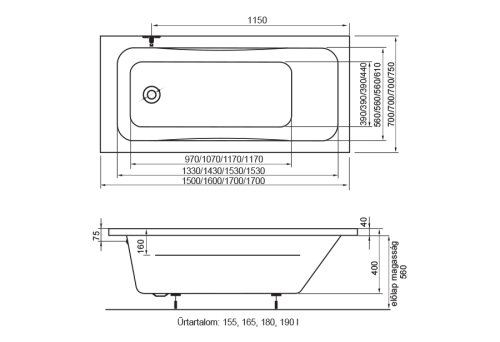H2O Danuta 170x75 egyenes kád (12369)