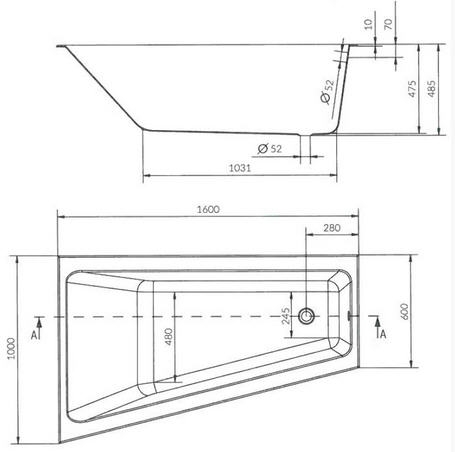 Cersanit Crea 160x100 cm-es aszimmetrikus kád, balos S301-232