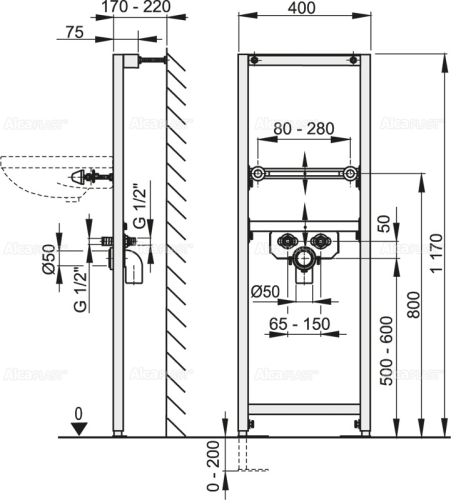 Alcaplast A104/1200 falsík alatti szerelőkeret mosdóhoz