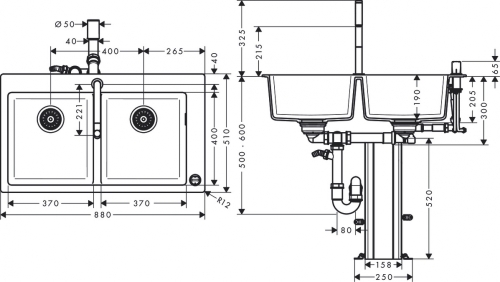 Hansgrohe C51-F770-10 mosogató és csaptelep kombináció 370/370 szett 43221000
