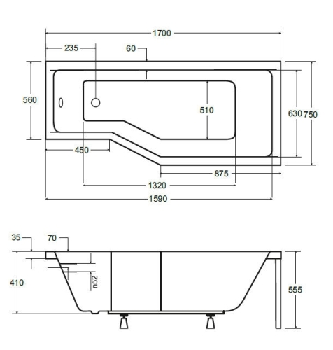 Besco Integra 170x75/56 cm-es kád 3 részes kádparavánnal jobbos