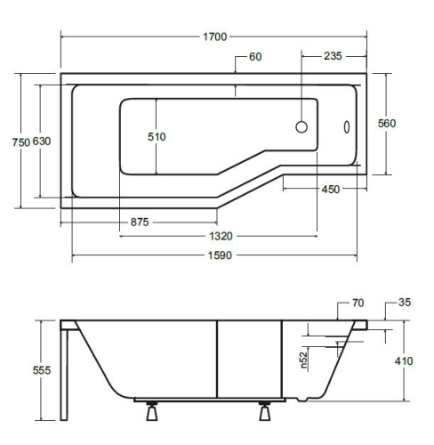 Besco Integra 170x75/56 cm-es kád 3 részes kádparavánnal balos