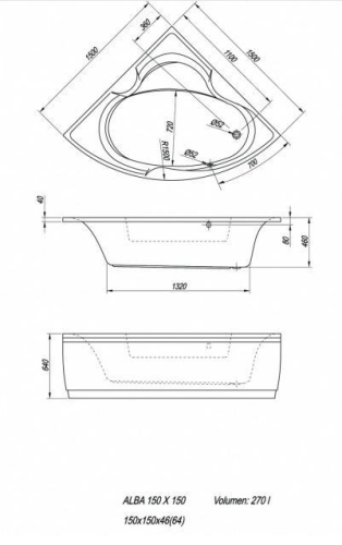 Kolpa-San Alba 150/MO-1+MIKRO Előlapos sarokkád vízmasszázs rendszerrel mikrofúvókákkal 931110