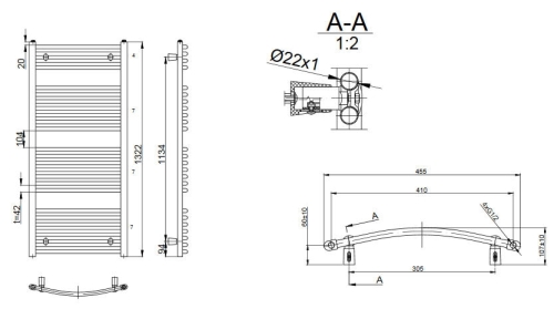 AQUALINE Fürdőszobai radiátor, 450x1322mm, 572W, íves fehér ILO34E