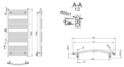 AQUALINE Fürdőszobai radiátor, 750x1322mm, 878W, íves fehér ILO37E