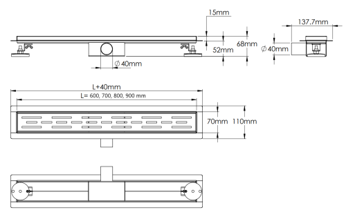 Roltechnik rozsdamentes zuhanyfolyóka, BLACK GLASS (fekete üveg) betéttel, 700 mm, RRF-BG-700