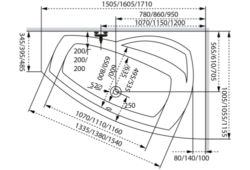 M-Acryl Claudia 160x105 cm aszimmetrikus akril kád kádlábbal, jobbos, 12397