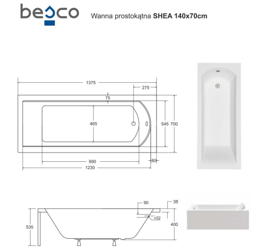Besco SHEA 140x70 cm egyenes kád, fehér WAS-140-PK
