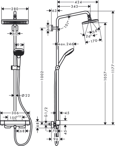 Hansgrohe Croma E Showerpipe 280 1jet termosztátos zuhanyrendszer EcoSmart 9 l/perc 27660000
