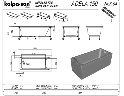 Kolpa-San Adela 150x70 Beépíthető egyenes fürdőkád 740740