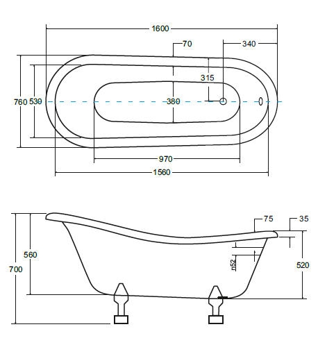 Besco Otylia 160x77 cm szabadonálló kád, fehér oroszlán lábakkal