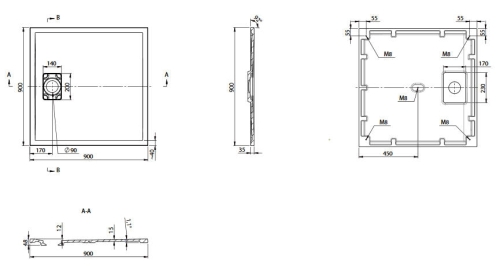 POLYSAN ACORA 90x90x3,5cm öntöttmárvány zuhanytálca, fehér AC002