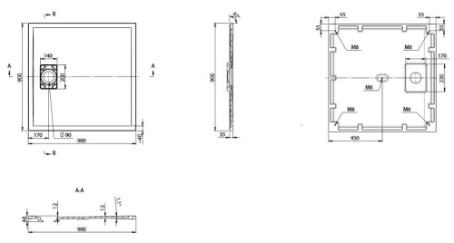 POLYSAN ACORA 90x90x3,5cm öntöttmárvány zuhanytálca, szürke AC022