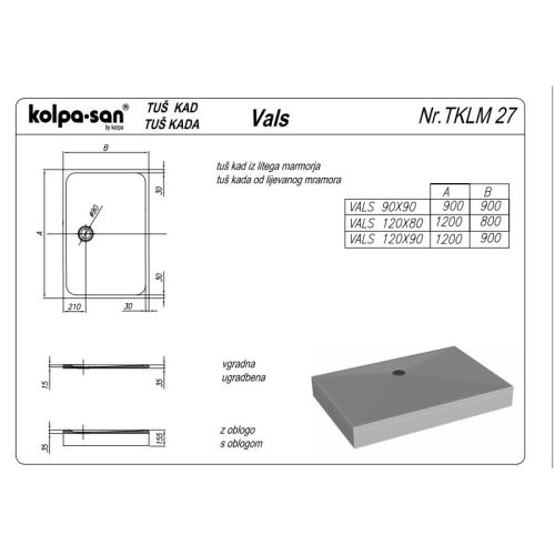 Kolpa-San Vals 120x90 zuhanytálca 597820