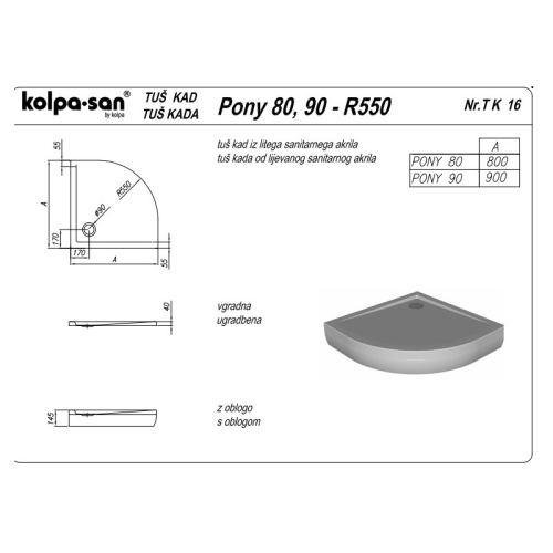 Kolpa-San Pony 80x80 negyedköríves zuhanytálca 523900