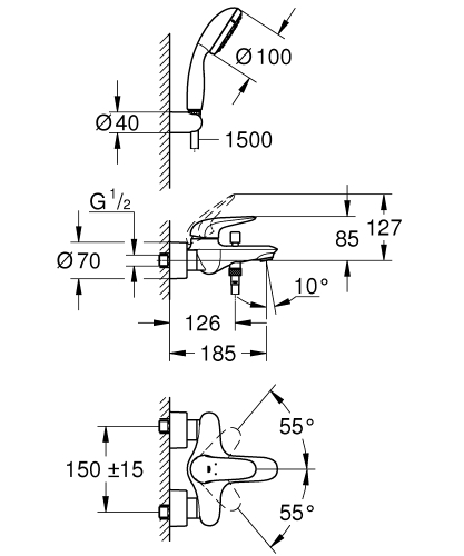 Grohe Eurostyle egykaros kádtöltő csaptelep zuhanyszettel 2372930A