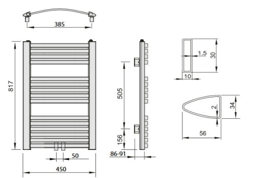AQUALINE STING fürdőszobai radiátor, 450x817mm, 328W, fehér NG408