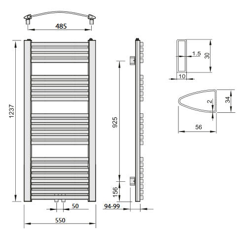 AQUALINE STING fürdőszobai radiátor, 550x1237mm, 589W, fehér NG512