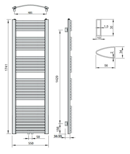 AQUALINE STING fürdőszobai radiátor, 550x1741 mm, 839W, fehér NG517