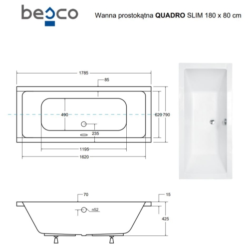 Besco QUADRO SLIM 180x80 cm egyenes kád, fehér WAQ-180-SL
