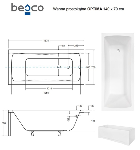 Besco OPTIMA 140x70 cm egyenes kád, fehér WAO-140-PK