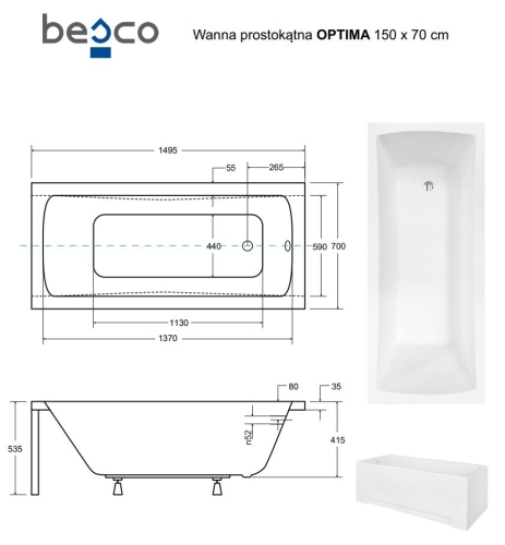 Besco OPTIMA 150x70 cm egyenes kád, fehér WAO-150-PK