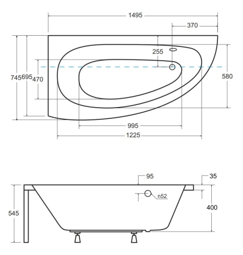 Besco MILENA 150x70 cm balos aszimmetrikus kád, fehér WAM-150-NL