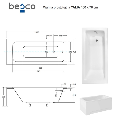 Besco TALIA 100x70 cm egyenes kád, fehér WAT-100-PK