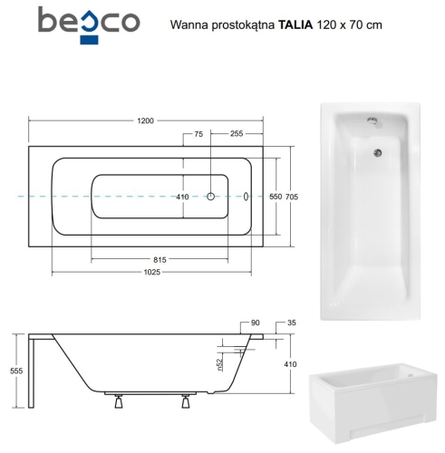 Besco TALIA 120x70 cm egyenes kád, fehér WAT-120-PK