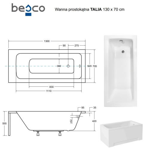 Besco TALIA 130x70 cm egyenes kád, fehér WAT-130-PK