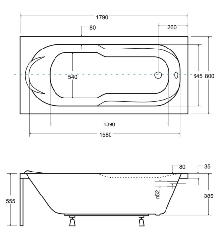 Besco BONA 180x80 cm egyenes kád, fehér WAB-180-PK