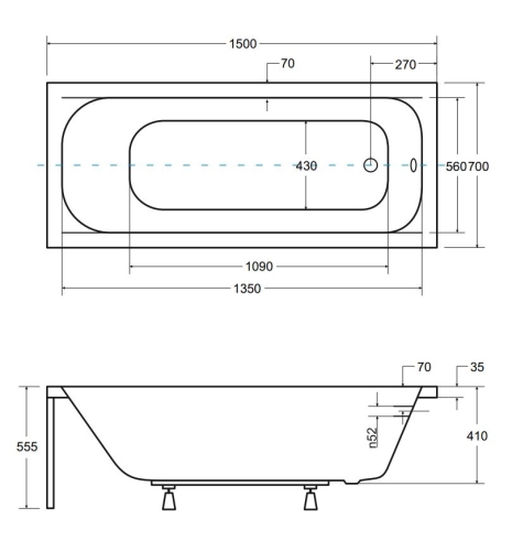 Besco CONTINEA 150x70 cm egyenes kád, fehér WAC-150-PK