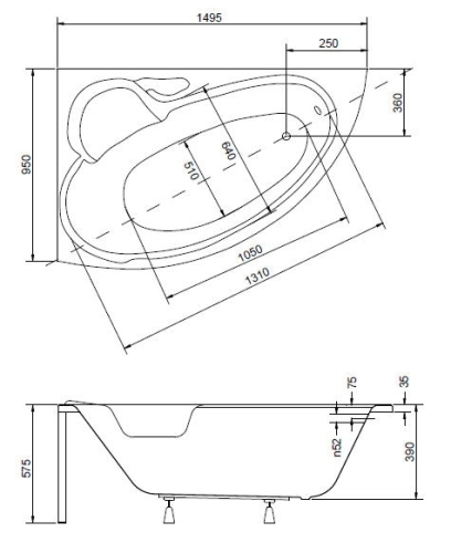 Besco Bianka 150x95 cm aszimmetrikus kád, balos
