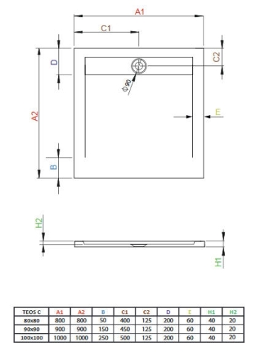 Radaway Teos C 90x90 cm szögletes öntöttmárvány zuhanytálca, antracit HTC9090-64