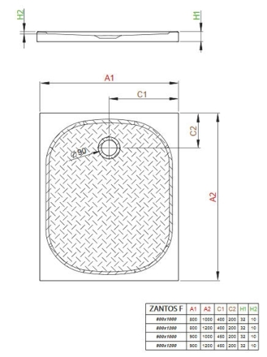 Radaway Zantos F 120x80 cm szögletes öntöttmárvány zuhanytálca M3ZNF1280-06